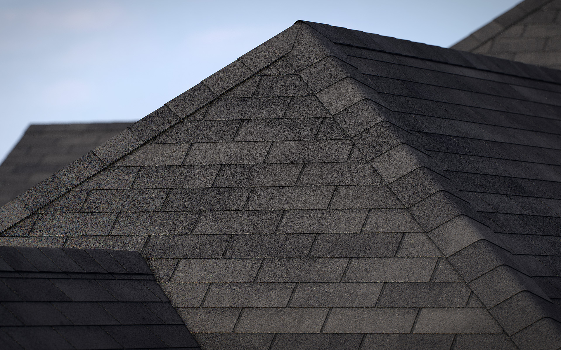 3-tab asphalt roof shingles black color 3D model preset for 3dsmax and RailClone. Rendered with vray, made for arch-viz.