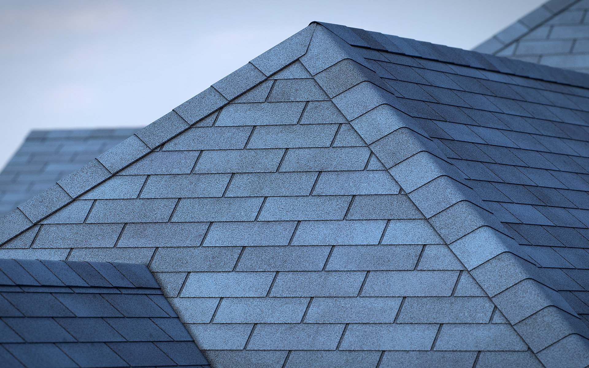 3-tab asphalt roof shingles blue color 3D model preset for 3dsmax and RailClone. Rendered with vray, made for arch-viz.