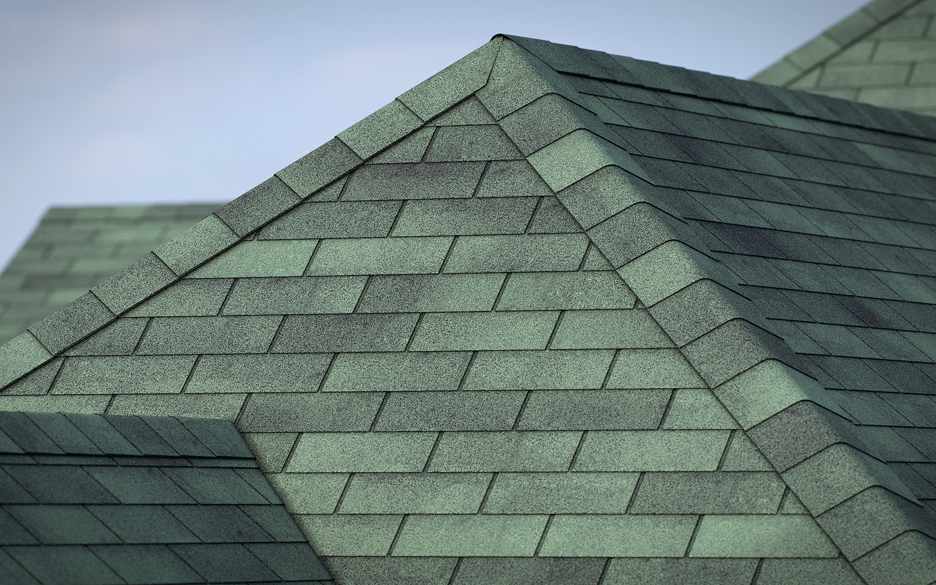 3-tab asphalt roof shingles green color 3D model preset for 3dsmax and RailClone. Rendered with vray, made for arch-viz.