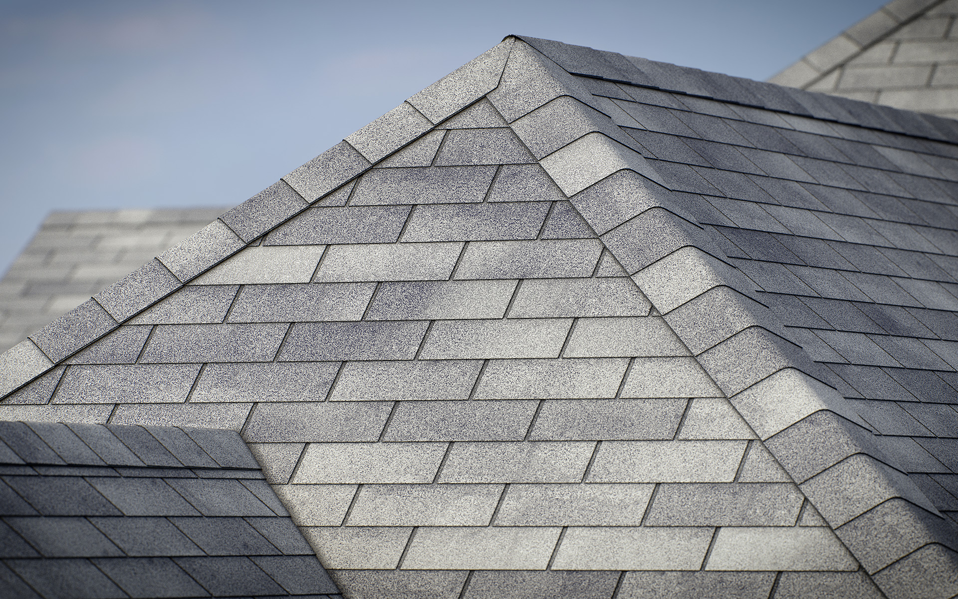3-tab asphalt roof shingles grey color 3D model preset for 3dsmax and RailClone. Rendered with vray, made for arch-viz.