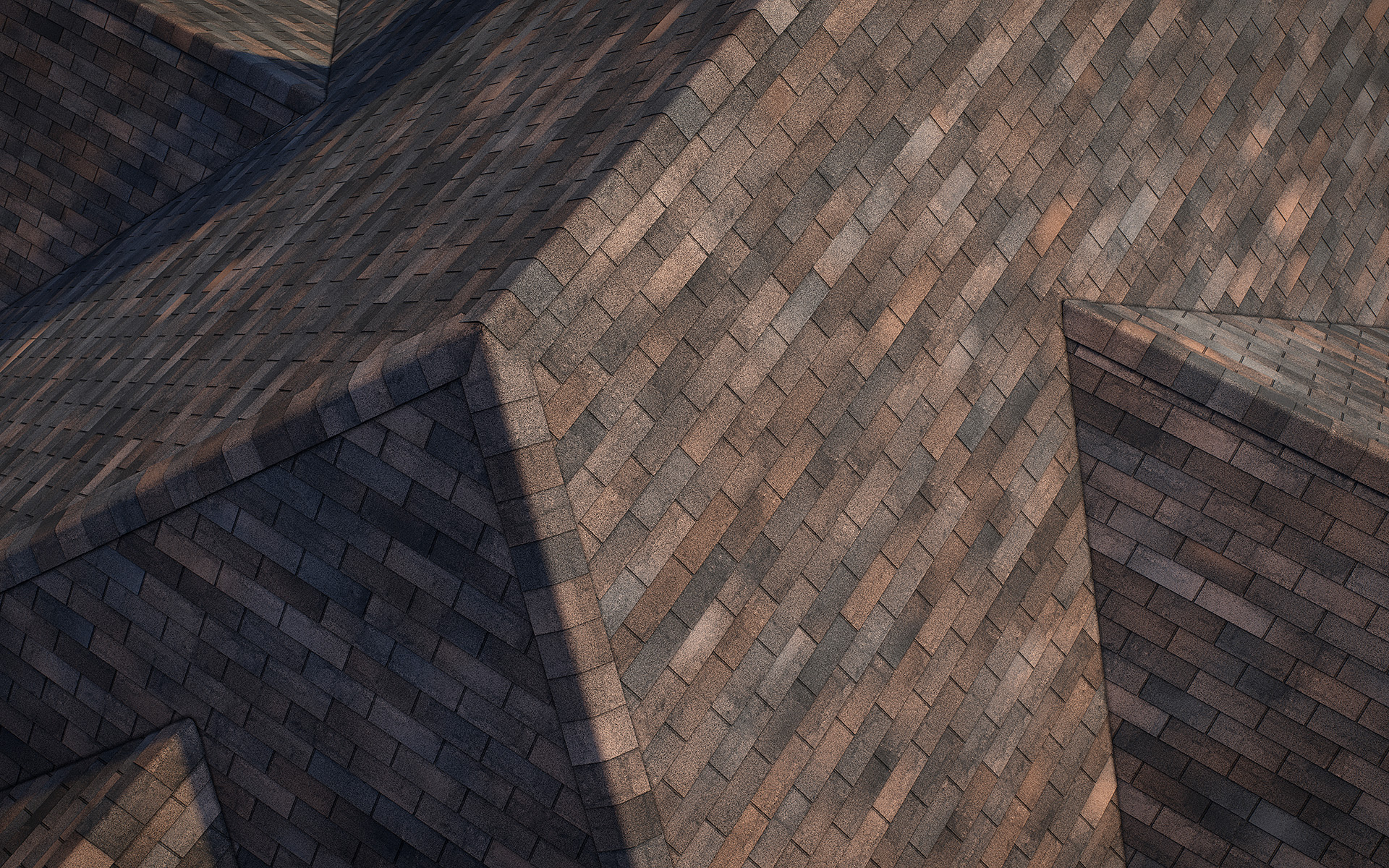 3-tab asphalt roof shingles oakwood color 3D model preset for 3dsmax and RailClone. Rendered with vray, made for arch-viz.