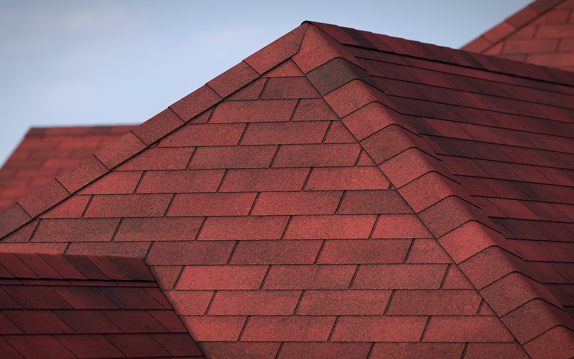 3-tab asphalt roof shingles red color 3D model preset for 3dsmax and RailClone. Rendered with vray, made for arch-viz.