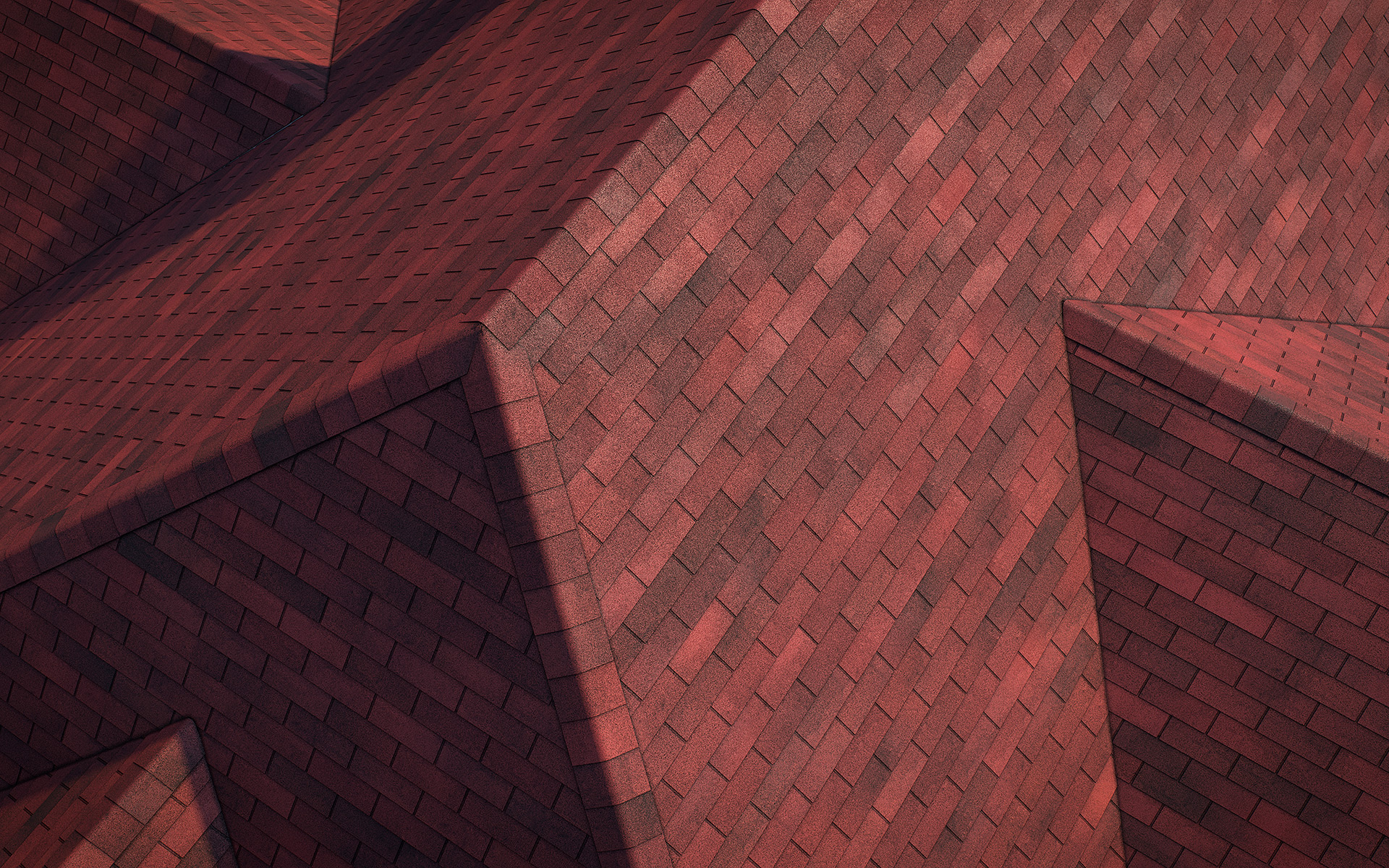 3-tab asphalt roof shingles red color 3D model preset for 3dsmax and RailClone. Rendered with vray, made for arch-viz.