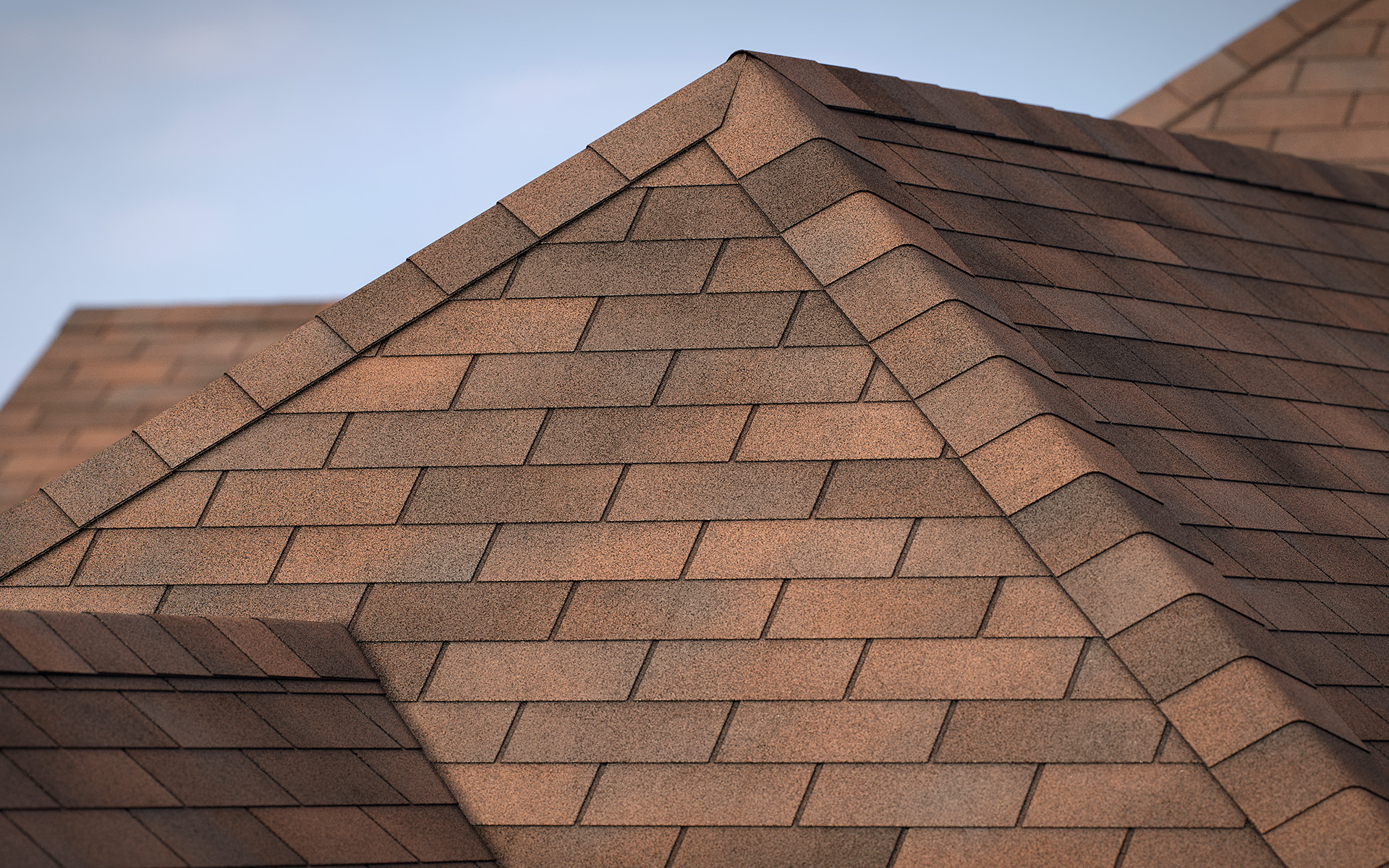 3-tab asphalt roof shingles rustic color 3D model preset for 3dsmax and RailClone. Rendered with vray, made for arch-viz.
