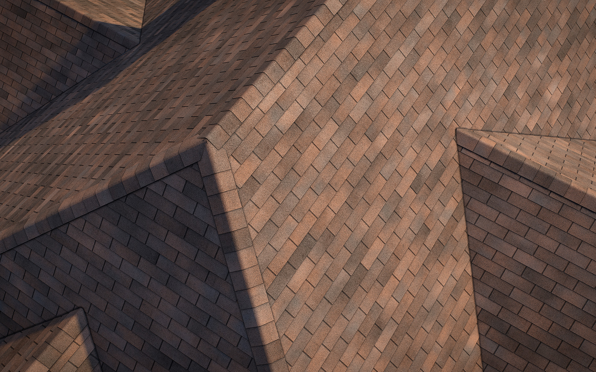 3-tab asphalt roof shingles rustic color 3D model preset for 3dsmax and RailClone. Rendered with vray, made for arch-viz.