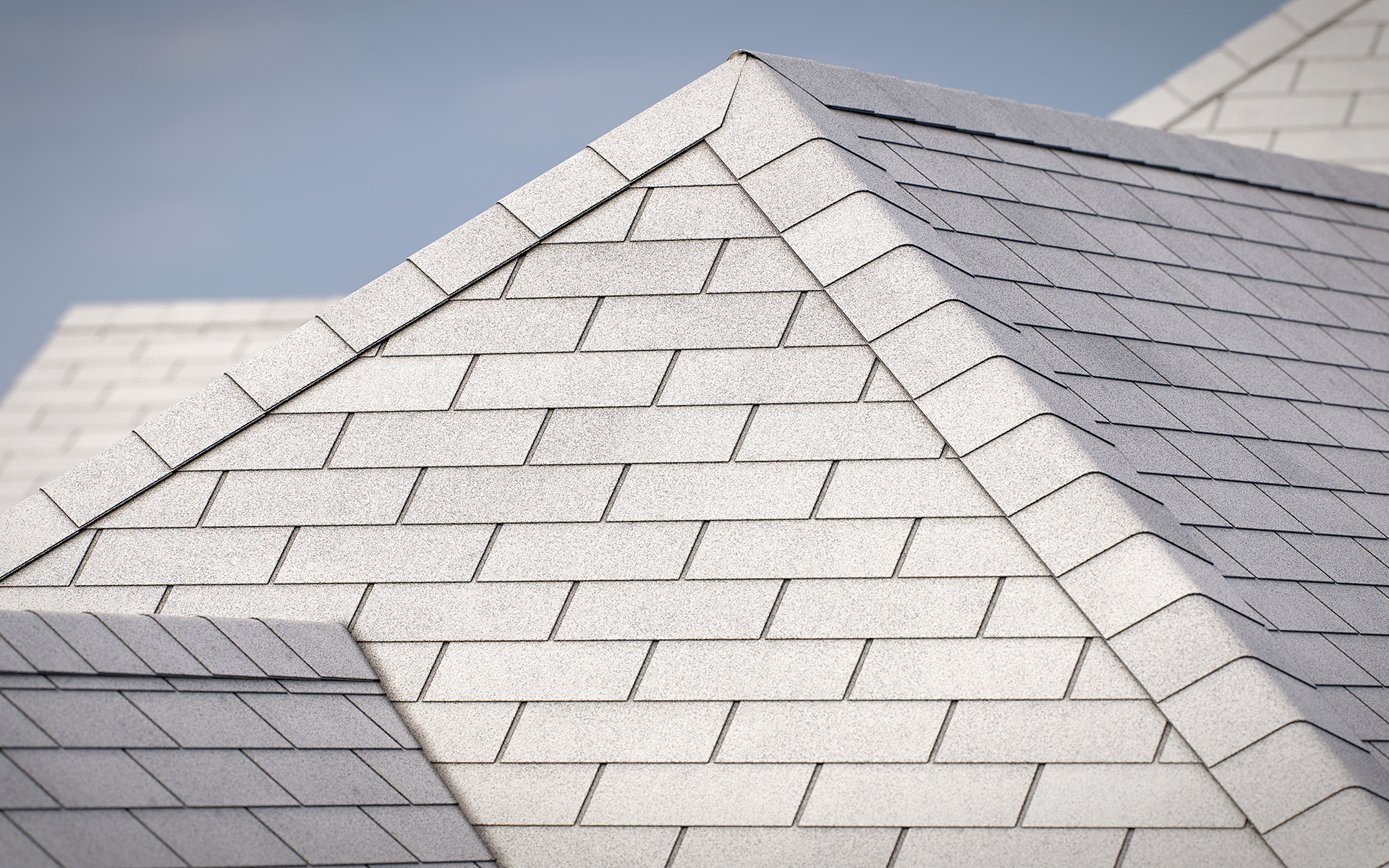 3-tab asphalt roof shingles white2 color 3D model preset for 3dsmax and RailClone. Rendered with vray, made for arch-viz.