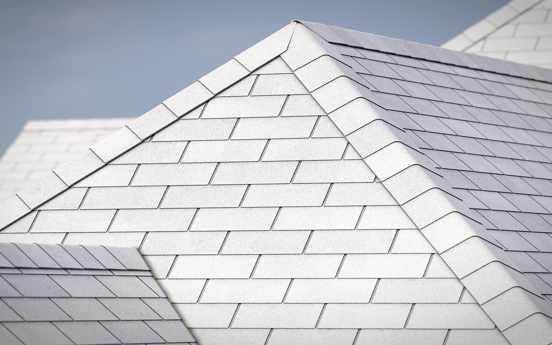 3-tab asphalt roof shingles white color 3D model preset for 3dsmax and RailClone. Rendered with vray, made for arch-viz.