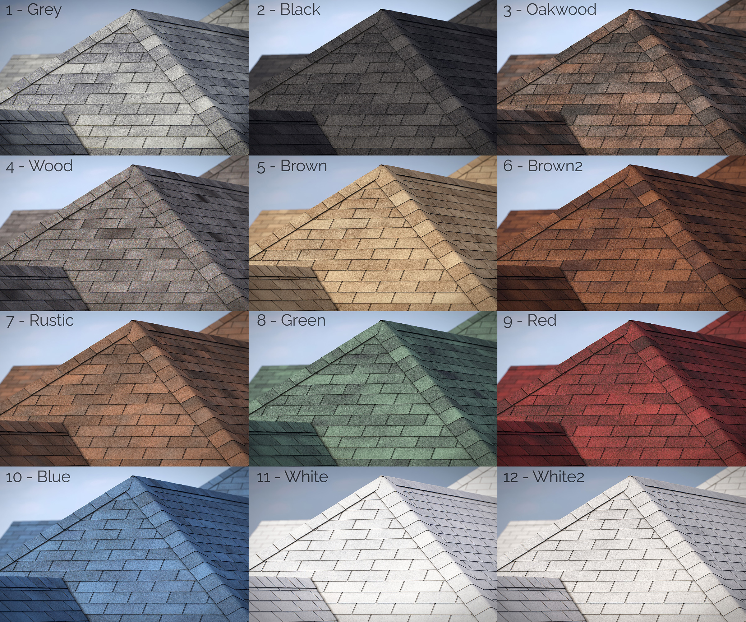 3-tab asphalt roof shingles 3D model preset for 3dsmax and RailClone. Rendered with vray, made for arch-viz.